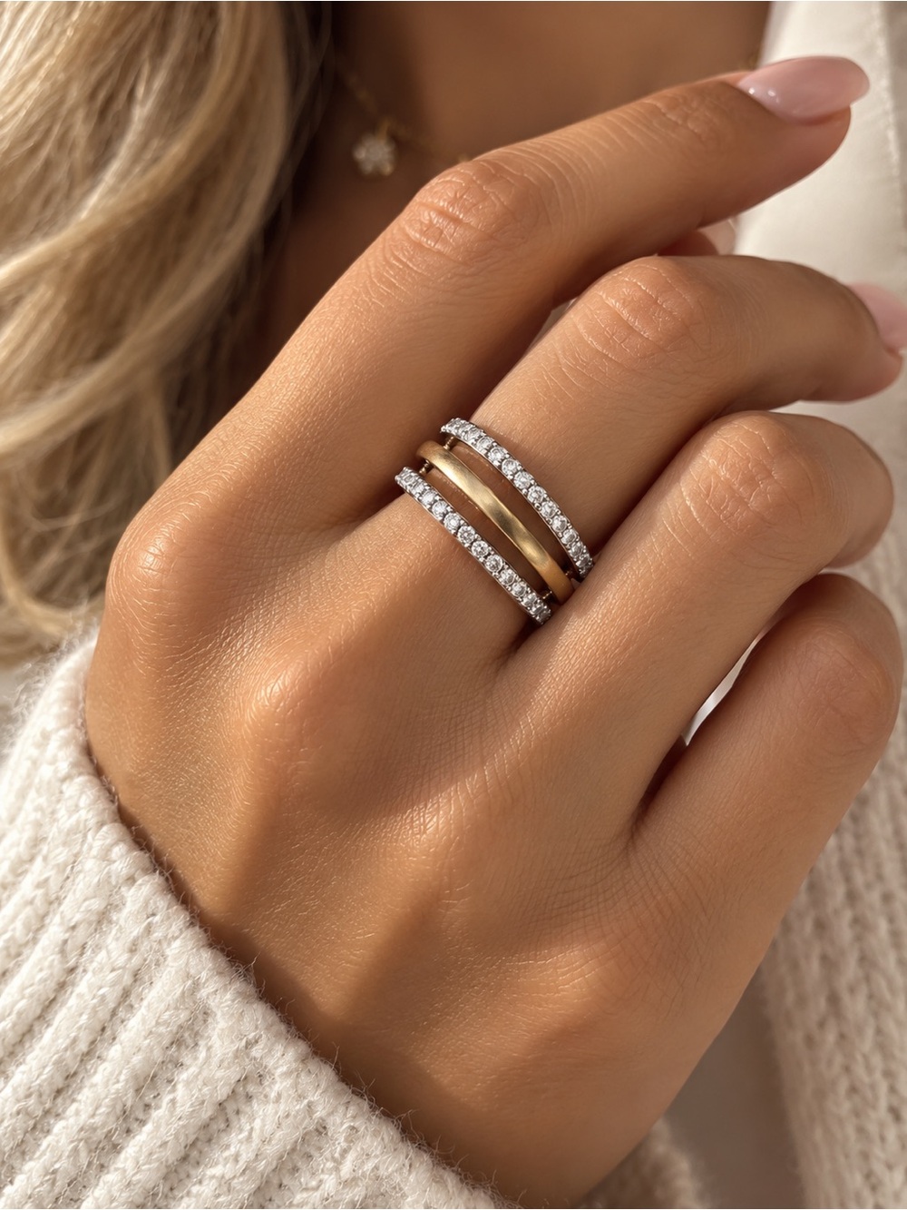 Gold and Silver Crystal Triple Stacked Ring